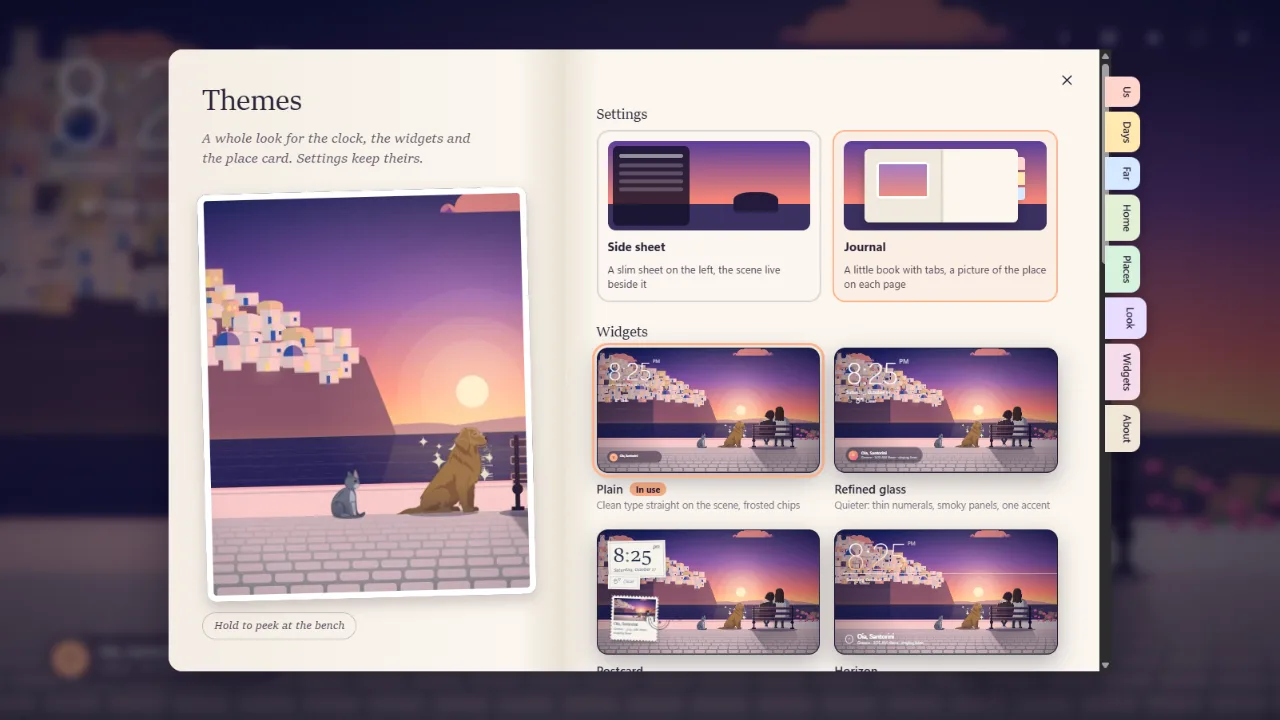 Settings open as a little book, showing the theme choices for the widgets
