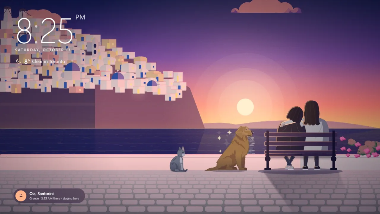 The AniMates wallpaper with a clock, the date, the weather and the place in the corner