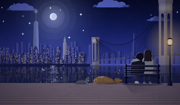 The Manhattan skyline and the Brooklyn Bridge at night