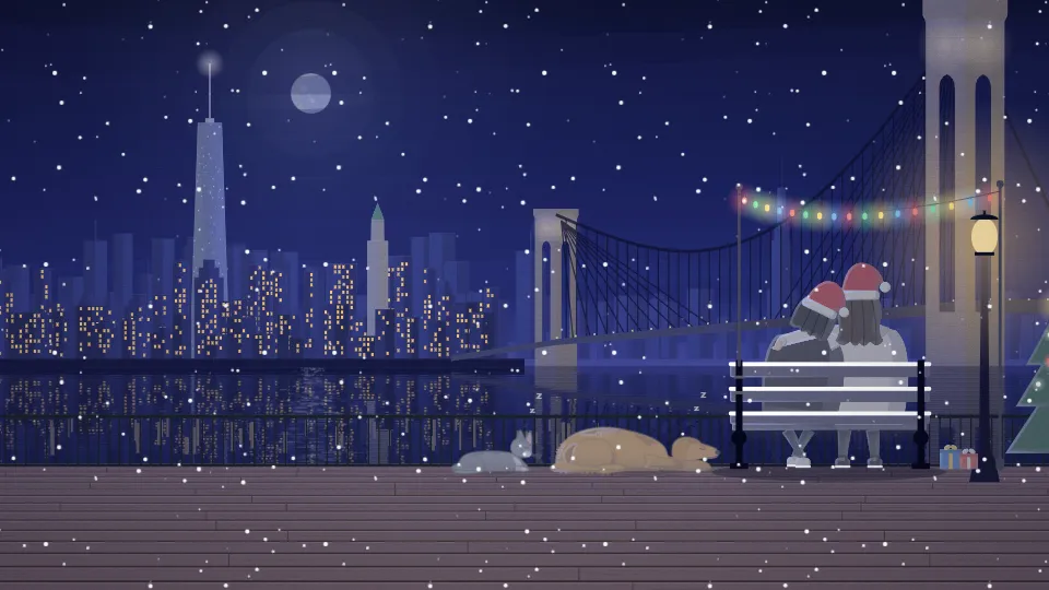 Snow in Brooklyn at night, Santa hats, lights and a tree by the bench