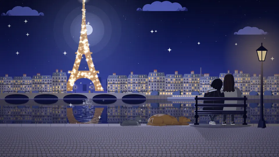 The Eiffel Tower sparkling at night over the Seine