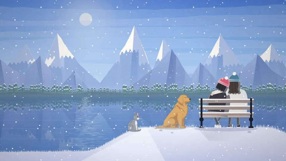 Snow falling on the lake, the couple in winter hats